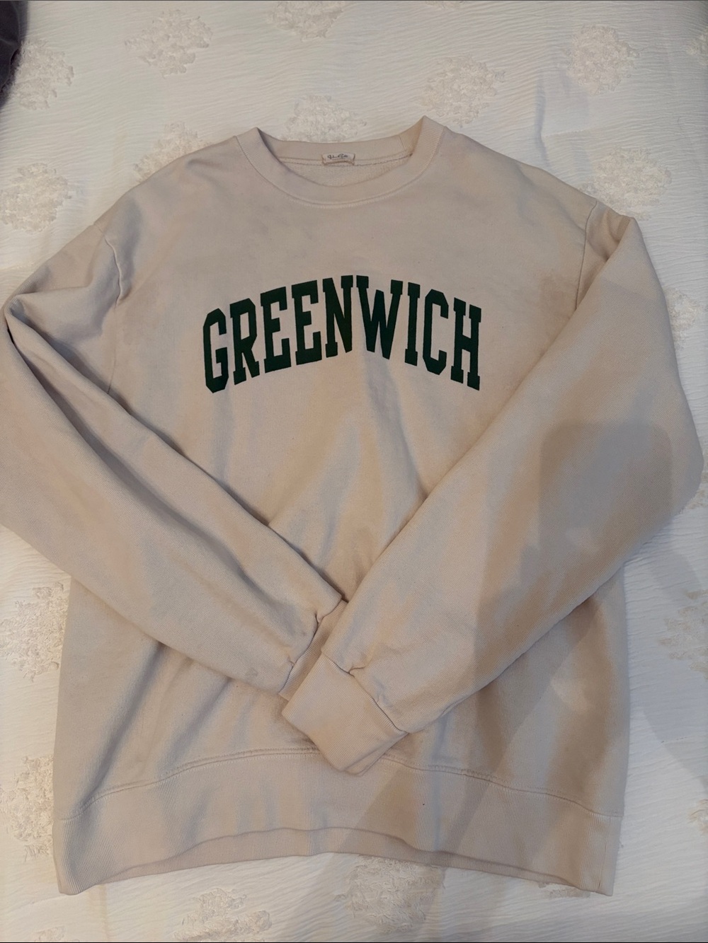 Brandy Melville Beige Crewneck with Green Greenwich Graphic
